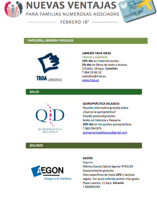 Nuevas ventajas para socios de AVAFAM, Febrero 2018